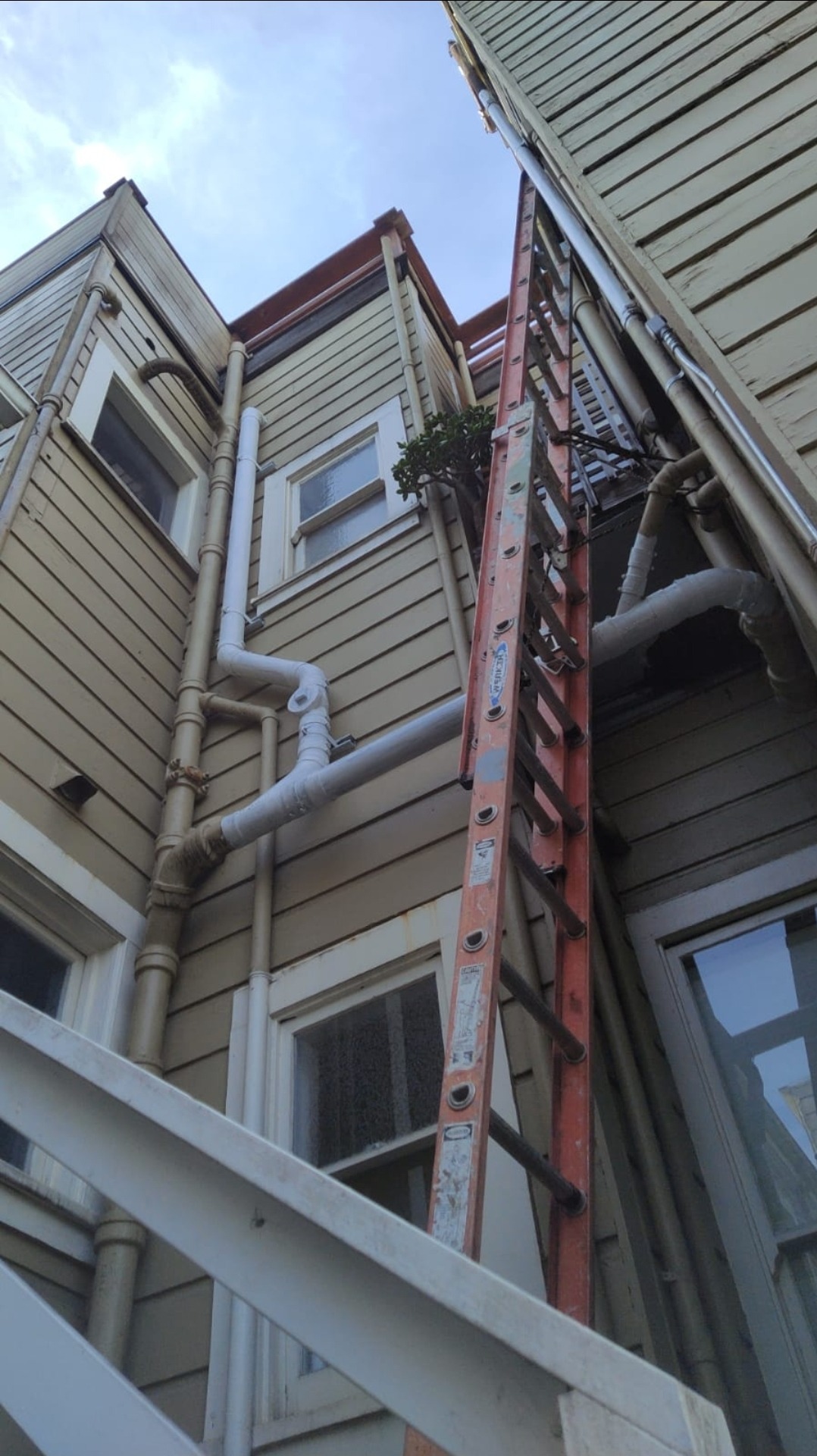 A sturdy red ladder leans against a building, leading to a corner where pipes run along the siding and a small plant is visible at the top.